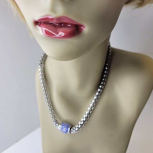 Stylish Mesh Diamante Magnetic Choker Necklace In Rhodium Plated Metal - Picture 1 of 14